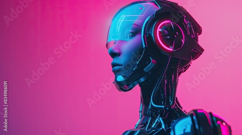 cyborg robot woman in neon blue and violet lighting