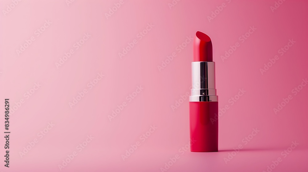 Red lipstick with silver casing on a pink background. Red lipstick with silver casing on a pink background.