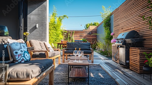 Modern outdoor patio with comfortable seating, a grill, and a  wood-paneled wall. photo