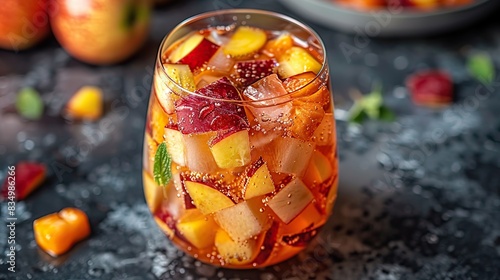 A glass of chilled sangria, with chunks of fruit. photo