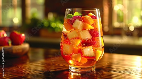 A glass of chilled sangria, with chunks of fruit. photo