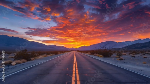 Fototapeta Naklejka Na Ścianę i Meble -  The image shows a beautiful sunset over a desert highway. The sky is ablaze with color, and the road stretches out into the distance.