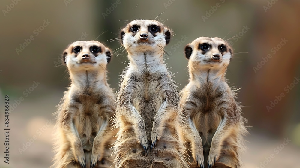 Three meerkats stand upright, looking straight ahead with curious expressions. Their fur is a mix of brown and white. Three meerkats stand upright, looking straight ahead with curious expressions. Their fur is a mix of brown and white.