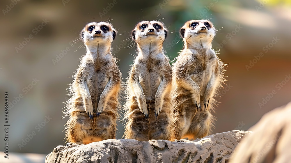 Fototapeta premium Three meerkats standing tall and alert, looking straight ahead. Their curious expressions and upright posture make them a captivating subject.
