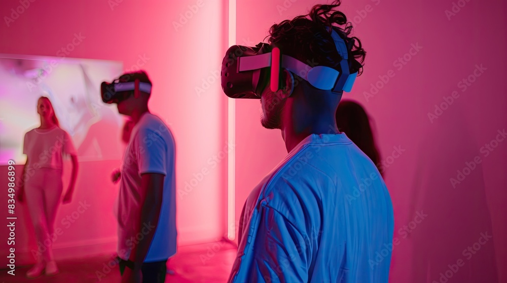 Young man playing with VR set on studio background in neon light Young man playing with VR set on studio background in neon light