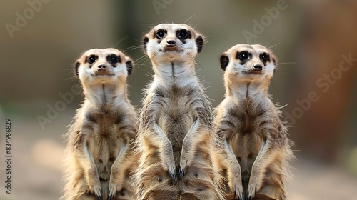Wallpaper Mural Three meerkats stand upright, looking straight ahead with curious expressions. Their fur is a mix of brown and white. Torontodigital.ca