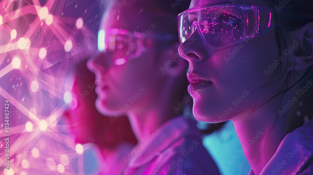 Researchers wearing safety glasses, analyzing data, surrounded by neon lights and scientific visualizations in a futuristic lab Researchers wearing safety glasses, analyzing data, surrounded by neon lights and scientific visualizations in a futuristic lab