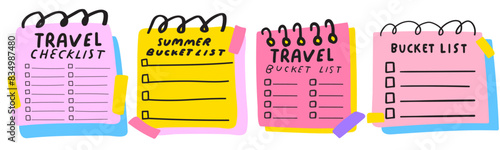 Colorful design. Collection of summer travel bucket lists, checklists. Vector flat illustrations on white background.