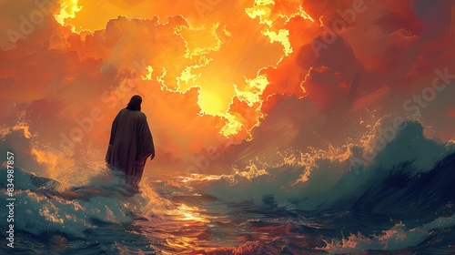 An illustration of Jesus Christ calming the stormy sea. photo