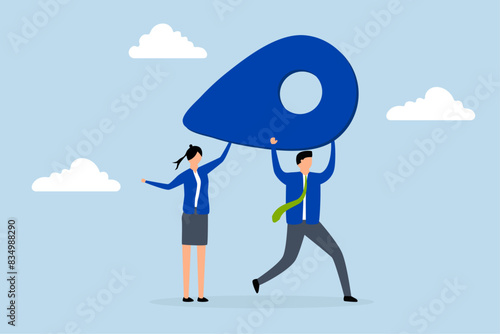 businessmen and businesswomen carrying an address label running to new destination.