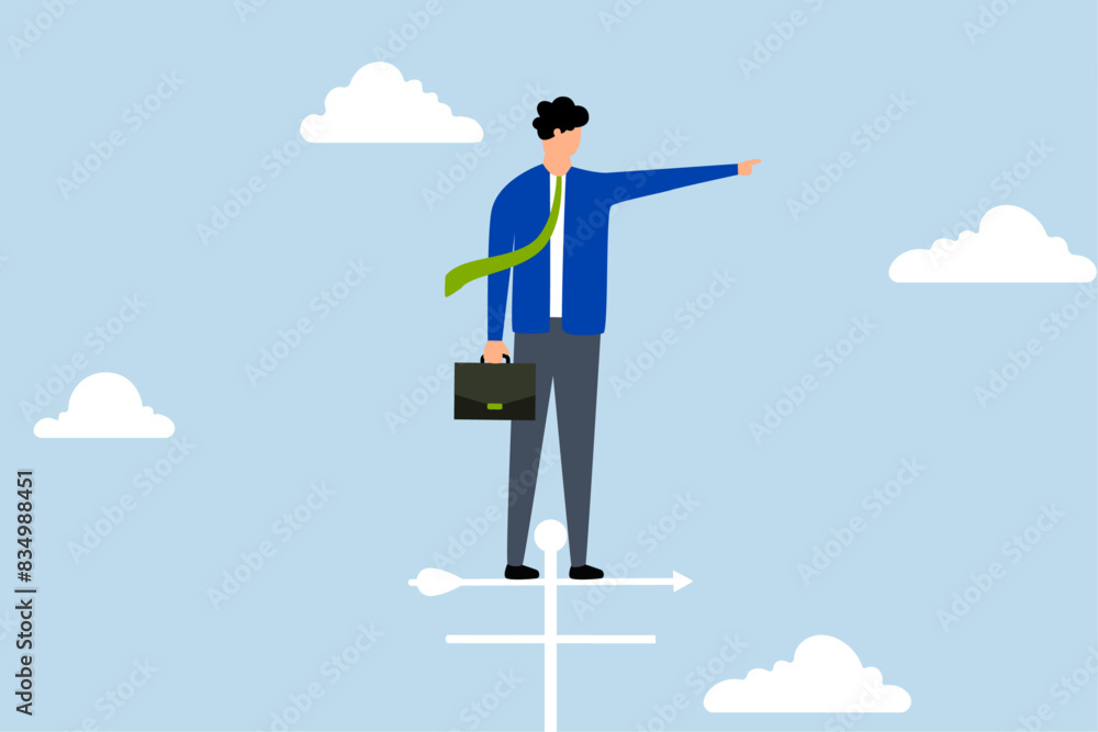 Business direction to achieve success, businessman standing on roof with flags pointing to victory. Business direction to achieve success, businessman standing on roof with flags pointing to victory.