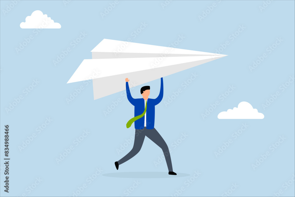 Start new business, ambitious businessman who launches large origami paper plane. Start new business, ambitious businessman who launches large origami paper plane.
