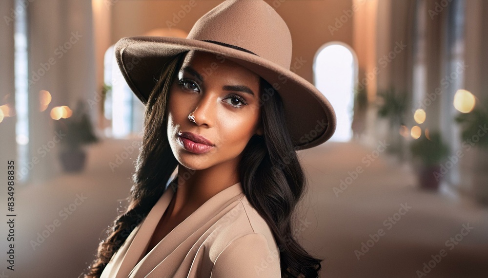 High Fashion: Woman in Hat with Trendy Makeup and Hairstyle High Fashion: Woman in Hat with Trendy Makeup and Hairstyle