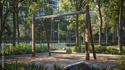 The image shows a wooden swing in a lush green forest