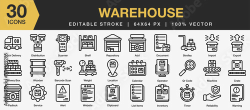 Set of 30 Warehouse icon set. Editable Stroke Icon Collection. Includes scanner, wooden, service, trolley, shelf, and More. Outline icons vector collection.