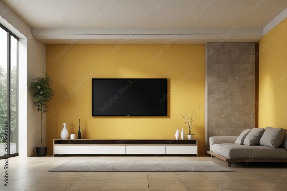 Fototapeta premium Interior home of living room with wooden cabinet for TV LED on yellow wall background