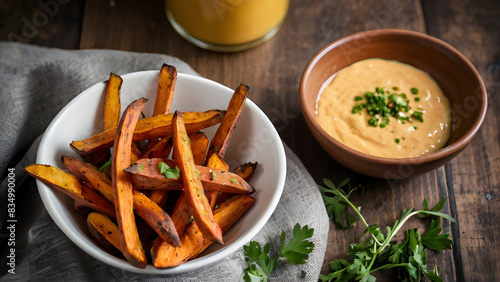 An inviting bowl of air fryer sweet potato fries, perfectly crisp and golden, sprinkled with paprika and served with a honey mustard dipping sauce