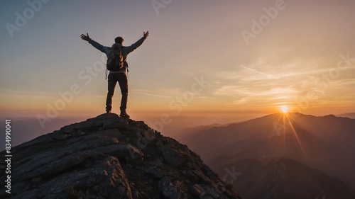 A person standing on a mountain peak reaching out to help another person climb up breathtaking sunrise, symbolizing, overcoming, challenges, and support