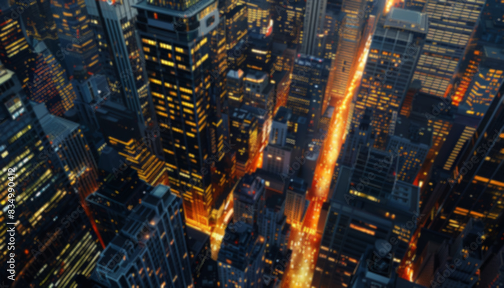 Aerial view of a bustling cityscape at night with brightly lit skyscrapers and streets glowing with traffic lights, showcasing urban life, blurred background Aerial view of a bustling cityscape at night with brightly lit skyscrapers and streets glowing with traffic lights, showcasing urban life, blurred background