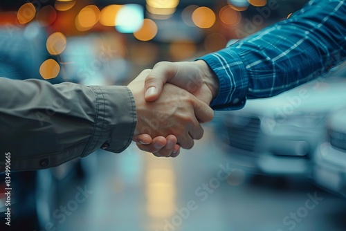 A salesperson closing a deal with a handshake at a dealership close up, negotiation theme, realistic, blend mode, car dealership backdrop photo