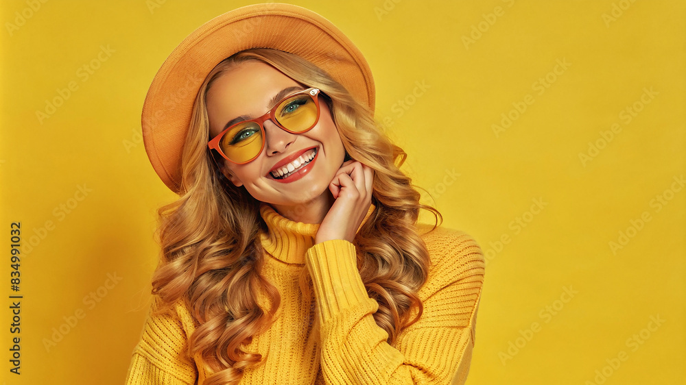 Naklejka premium A young woman, dressed in a trendy outfit, strikes an energetic pose. Her dynamic stance and vibrant attire make this a captivating fashion photograph.
