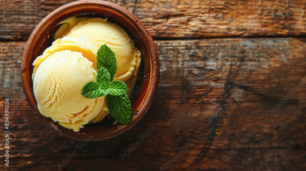 Lemon flavored ice cream scoop topped with mint leaves in a bowl on a wooden surface Overhead shot with blank space Lemon flavored ice cream scoop topped with mint leaves in a bowl on a wooden surface Overhead shot with blank space