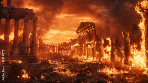 Ancient city of Rome with buildings, temples, and monuments with columns in ruins burning in flames at sunset. Wallpaper of the history of the fall of the Roman Empire after an epic war.