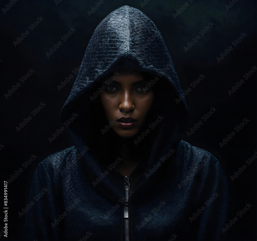 Dark woman in hoodie with suspicious mysterious face, strange doubtful female hacker in black background Dark woman in hoodie with suspicious mysterious face, strange doubtful female hacker in black background