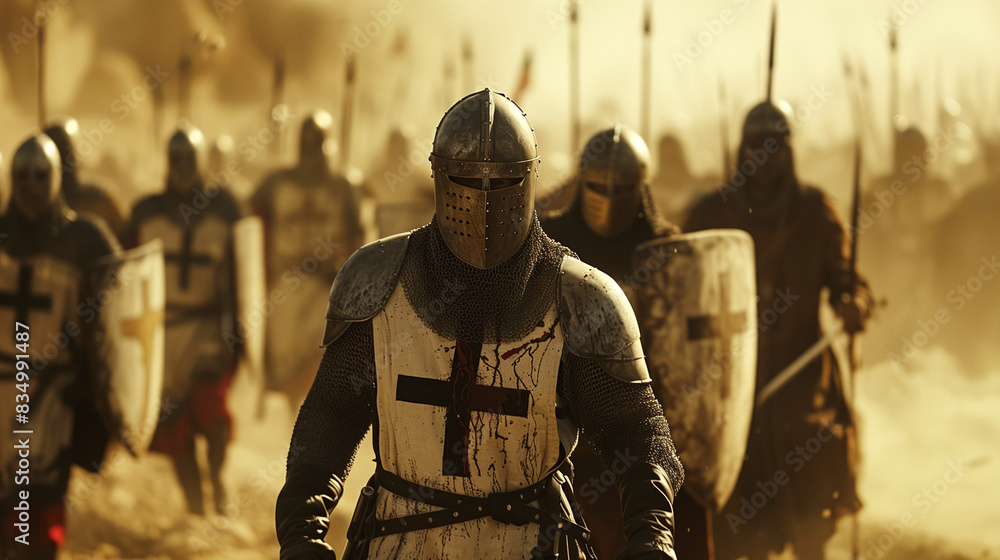 Fototapeta premium Christian crusaders army starting the reconquest, with medieval armor, shields, swords, lances and the sign of the cross. Epic war scene at sunset with golden light, for a History wallpaper.