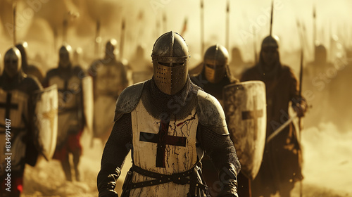 Christian crusaders army starting the reconquest, with medieval armor, shields, swords, lances and the sign of the cross. Epic war scene at sunset with golden light, for a History wallpaper.