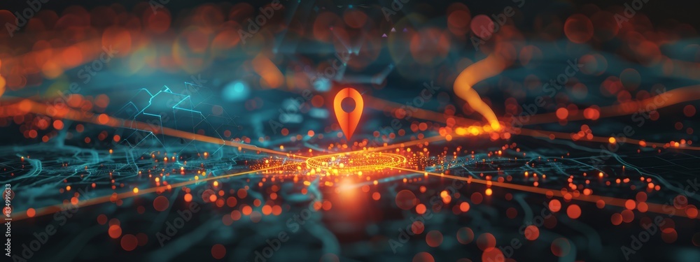 Location pin on map - futuristic technological background. Location pin on map - futuristic technological background.