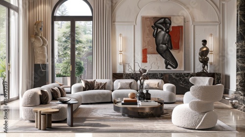 The photo shows a modern living room with a large comfortable sofa, two armchairs, and a coffee table. The room is decorated in warm colors and has a luxurious feel.