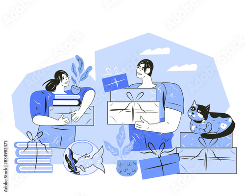 House moving, transport services for relocation, mortgage or rental, housewarming theme, vector illustration isolated on white background.