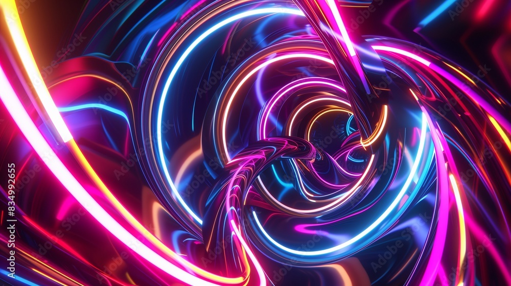 An extraordinary 3D abstract composition featuring neon light ribbons spiraling around each other, generating a vivid, radiant display of colors and energy. An extraordinary 3D abstract composition featuring neon light ribbons spiraling around each other, generating a vivid, radiant display of colors and energy.