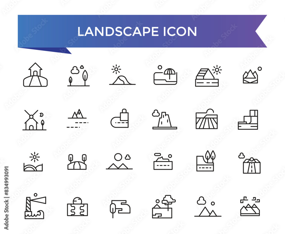 Landscape icon collection. Related to mountain, forest, river, beach, desert, field, island, volcano, waterfall, and more. Vector Line symbol set.
