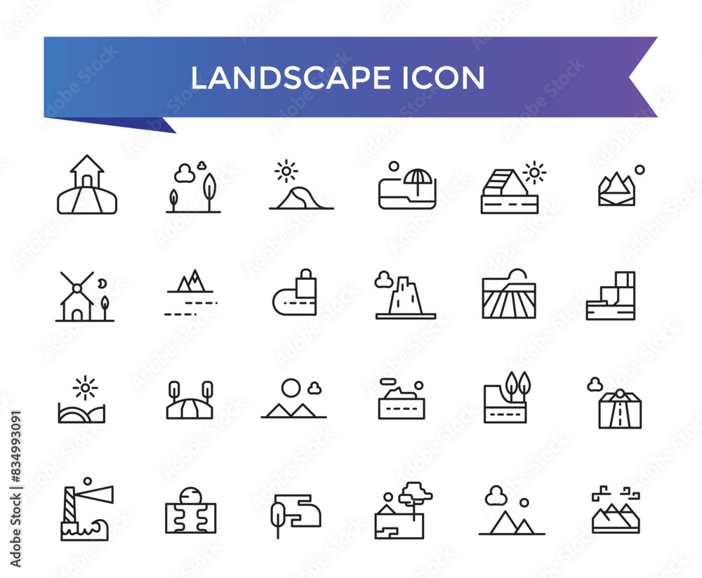 Landscape icon collection. Related to mountain, forest, river, beach, desert, field, island, volcano, waterfall, and more. Vector Line symbol set. Landscape icon collection. Related to mountain, forest, river, beach, desert, field, island, volcano, waterfall, and more. Vector Line symbol set.