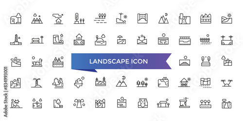 Landscape icon collection. Related to mountain  forest  river  beach  desert  field  island  volcano  waterfall  and more. Vector Line symbol set.