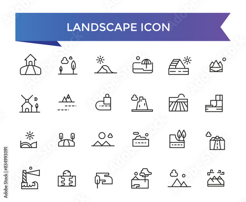 Landscape icon collection. Related to mountain, forest, river, beach, desert, field, island, volcano, waterfall, and more. Vector Line symbol set.
