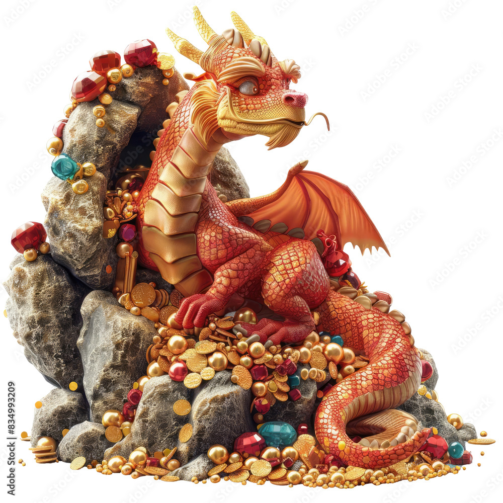 Fototapeta premium amazing 3d dragon cartoon hoarding a vast fortune of gold and jewels in a hidden cave