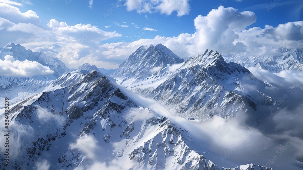 Fototapeta premium Majestic Snow-Capped Mountain Range Against Blue Sky and White Clouds: A Breathtaking 8K Landscape