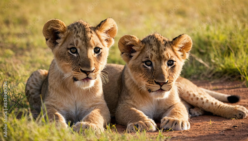 Two young lion cubs relax together on a dirt path in the African savanna. The golden light of the setting sun illuminates their fur Two young lion cubs relax together on a dirt path in the African savanna. The golden light of the setting sun illuminates their fur