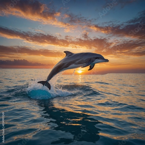 A group of playful dolphins leaping out of the water in sync against a stunning sunset sky.  