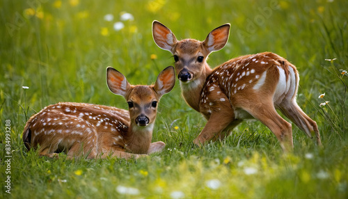 Two young fawn deer are resting in a field of green grass with white flowers. The fawn on the left is lying down, while the one on the right is standing © likhvan