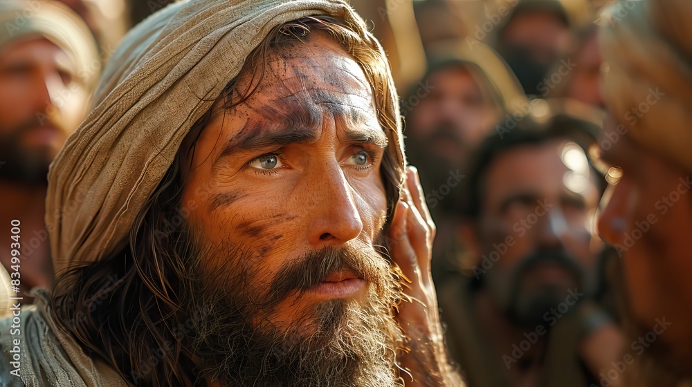An image of Jesus Christ healing a blind man. An image of Jesus Christ healing a blind man.