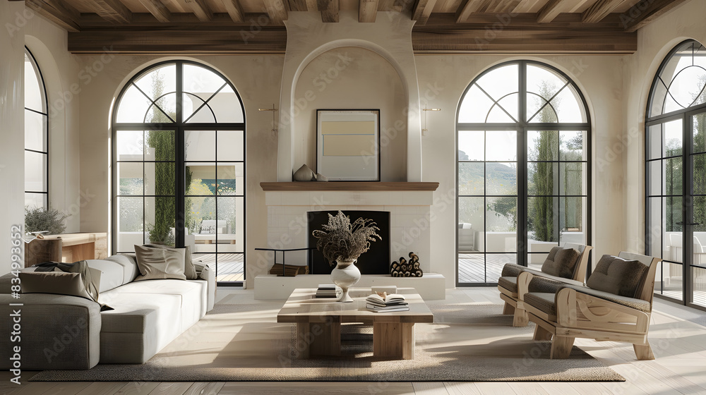 Rustic coffee table between sofa and chairs against fireplace and arched windows. Mediterranean modern cottage style home interior design of modern living room. Rustic coffee table between sofa and chairs against fireplace and arched windows. Mediterranean modern cottage style home interior design of modern living room.