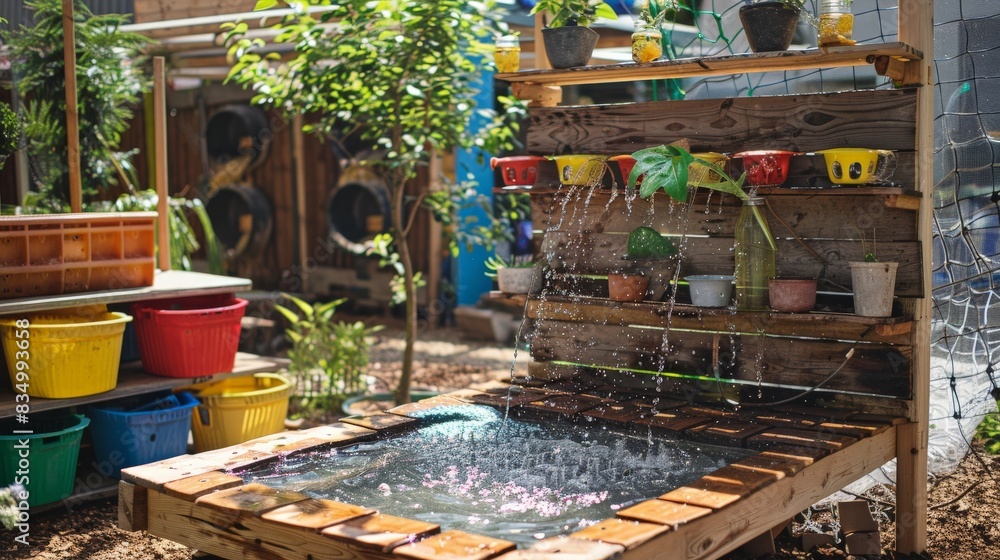 Artistic view of a DIY water play station made from upcycled materials, highlighting creativity and sustainability --ar 16:9 Job ID: 96704a45-d0e2-4983-be72-d1a22a3baab3