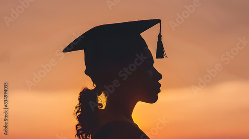 Close up of silhouette woman wearing graduation hat, school and education concept, sunset light background, copy space for text