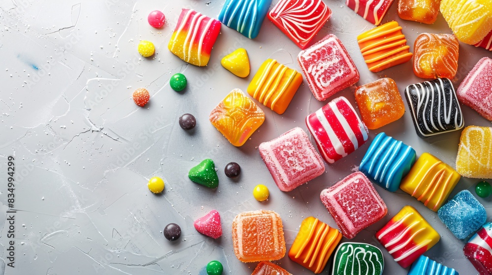 A close up of a pile of colorful candies on white surface A close up of a pile of colorful candies on white surface