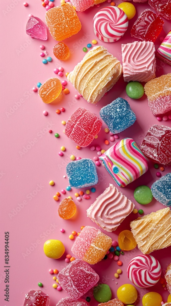 A close up of a pile of colorful candies on a pink surface A close up of a pile of colorful candies on a pink surface