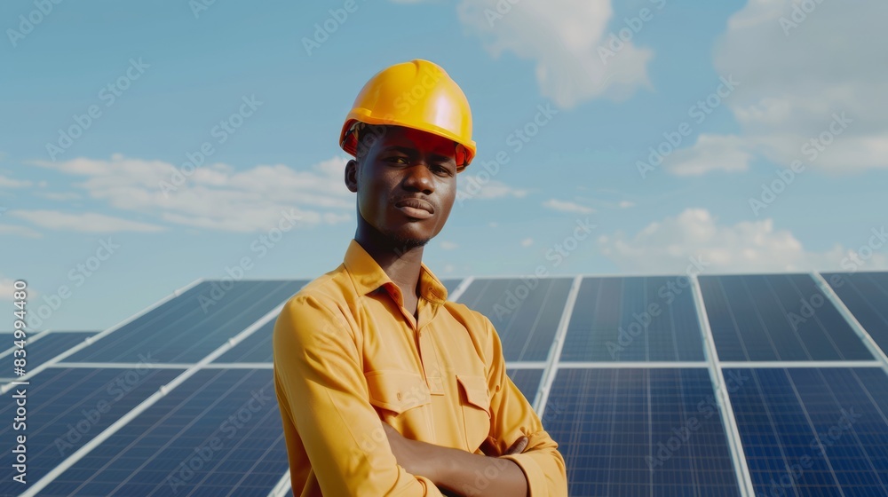 An African solar panel installation technician or engineer wearing a safty helmet with solar system on the roof in the background An African solar panel installation technician or engineer wearing a safty helmet with solar system on the roof in the background